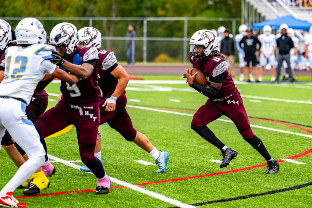 Browning keeps the snap and runs up the middle for a Silver Eagle touchdown. Hodgson led, 28-20, at halftime.
