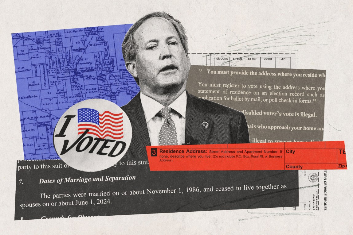 A photo collage features a black-and-white cutout of Texas Attorney General Ken Paxton at the center. It is layered over a blue map, an “I Voted” sticker, text about voter residency requirements, a red “Residence Address” line from a form and a legal document detailing a marriage separation.