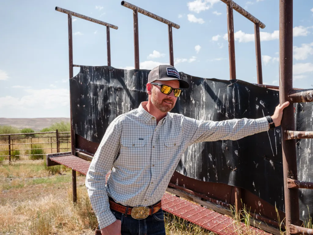 A man wearing a baseball hat, sunglasses, a button-up shirt and jeans, with a prominent belt buckle, leans on a cattle chute.