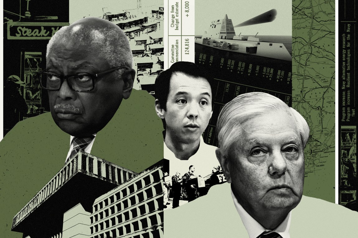 A collage illustration that conveys the concept of secretive deals involving political figures and a military defense contractor. The central focus of the image suggests a connection between three individuals. In the bottom left corner there is an image of the J. Edgar Hoover Federal Bureau of Investigation building in Washington, D.C.; in the top left there is an image of a steakhouse; at the top, just left of center is an image of a capitol building hearing room; in the top center, and just below and to the right are numbers from a budget document; at the top, just right of center is an image of a futuristic-looking military ship that appears to be shooting a laser; on the right side of the collage is a South Carolina state map and more lines from the budget document.