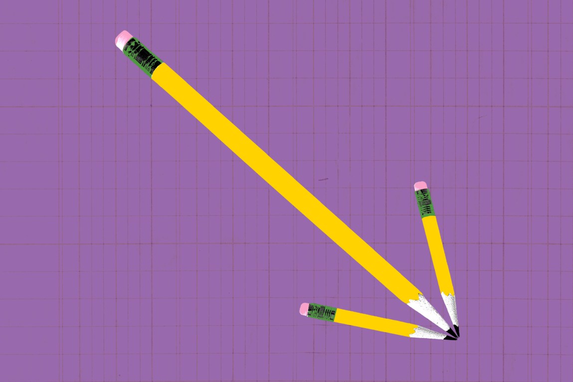 An illustration of three yellow pencils forming the shape of an arrow pointing down and diagonally to the right.