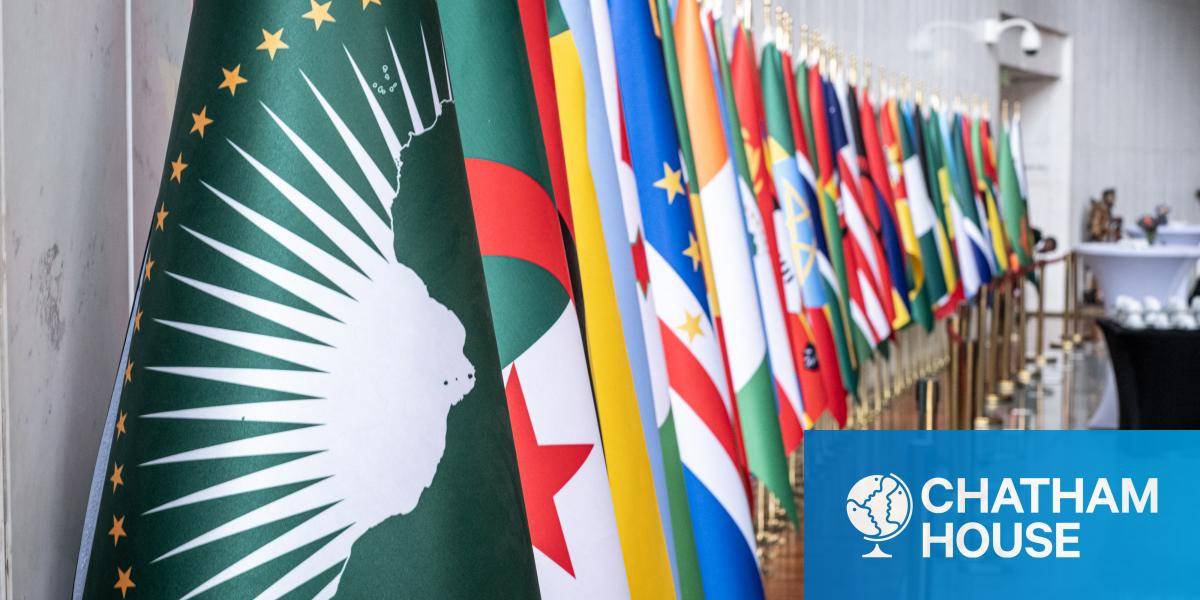 A general view of the flags of the AU's 55 member states inside the lobby of the AU headquarters.