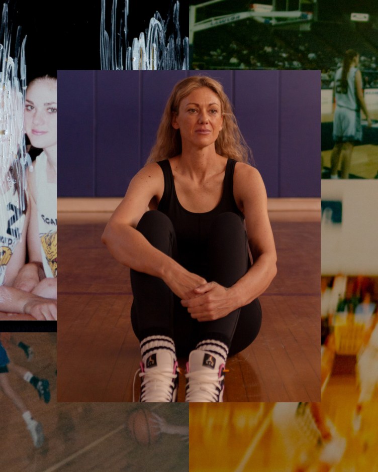 Photo collage featuring a central portrait of a woman with long blond hair sitting cross-legged on a gymnasium floor in a black tank top and leggings, flanked on the left by an old photograph where one person’s face is scratched out alongside a smiling basketball player wearing a white jersey, and on the right by two images showing action on a basketball court during a game.