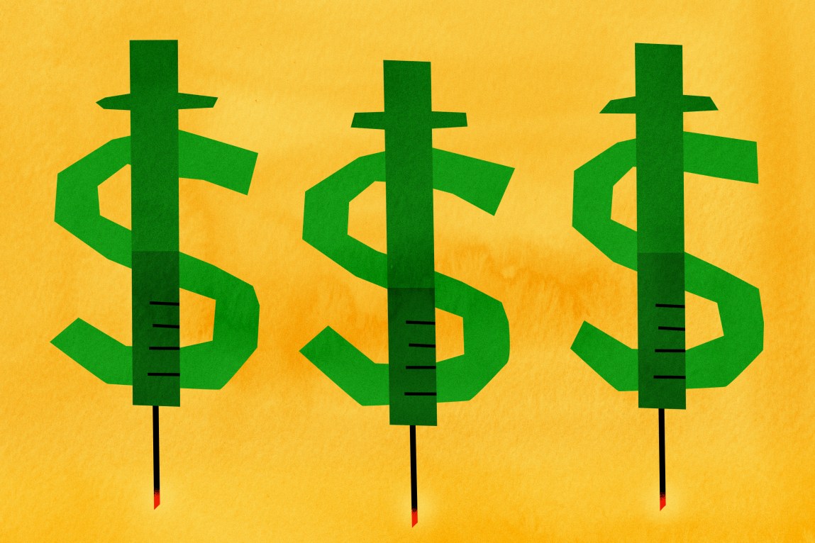 Green dollar symbols with the vertical line formed by a syringe with a red tip.