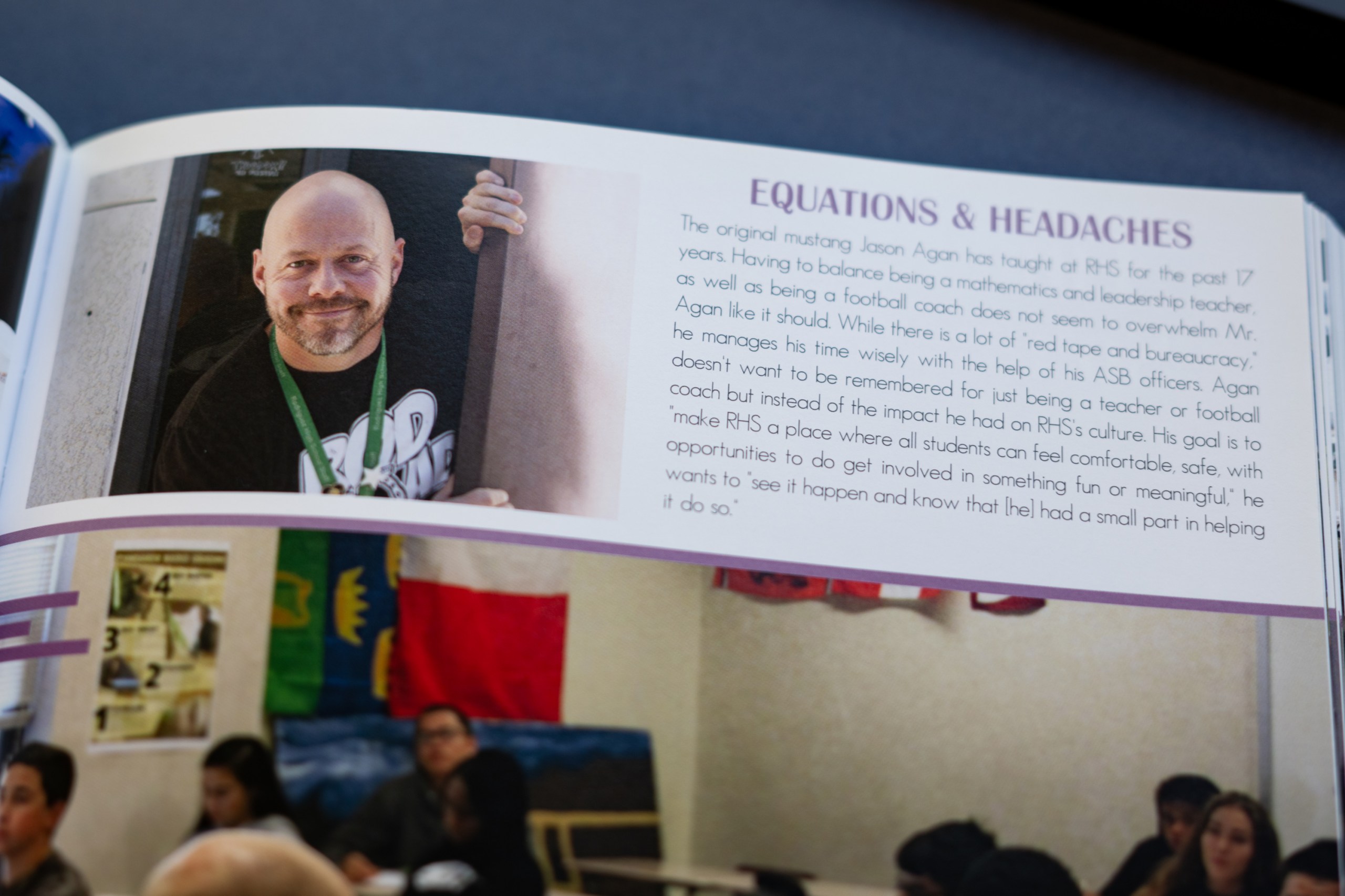 A page in a yearbook that includes a photo of a man looking through a doorway and a feature on Jason Agan under the title, “Equations & Headaches.”