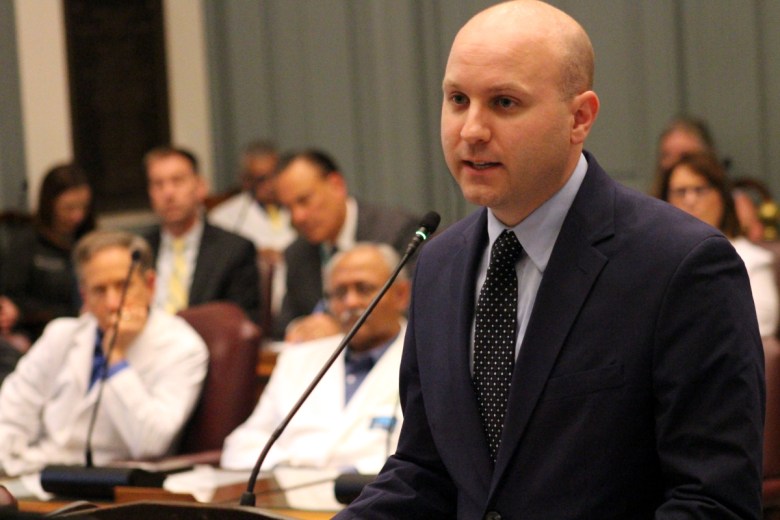 Brian Frazee, executive director of the Delaware Healthcare Association, testifies before the Senate Executive Committee on May 7, 2024, regarding House Bill 350.