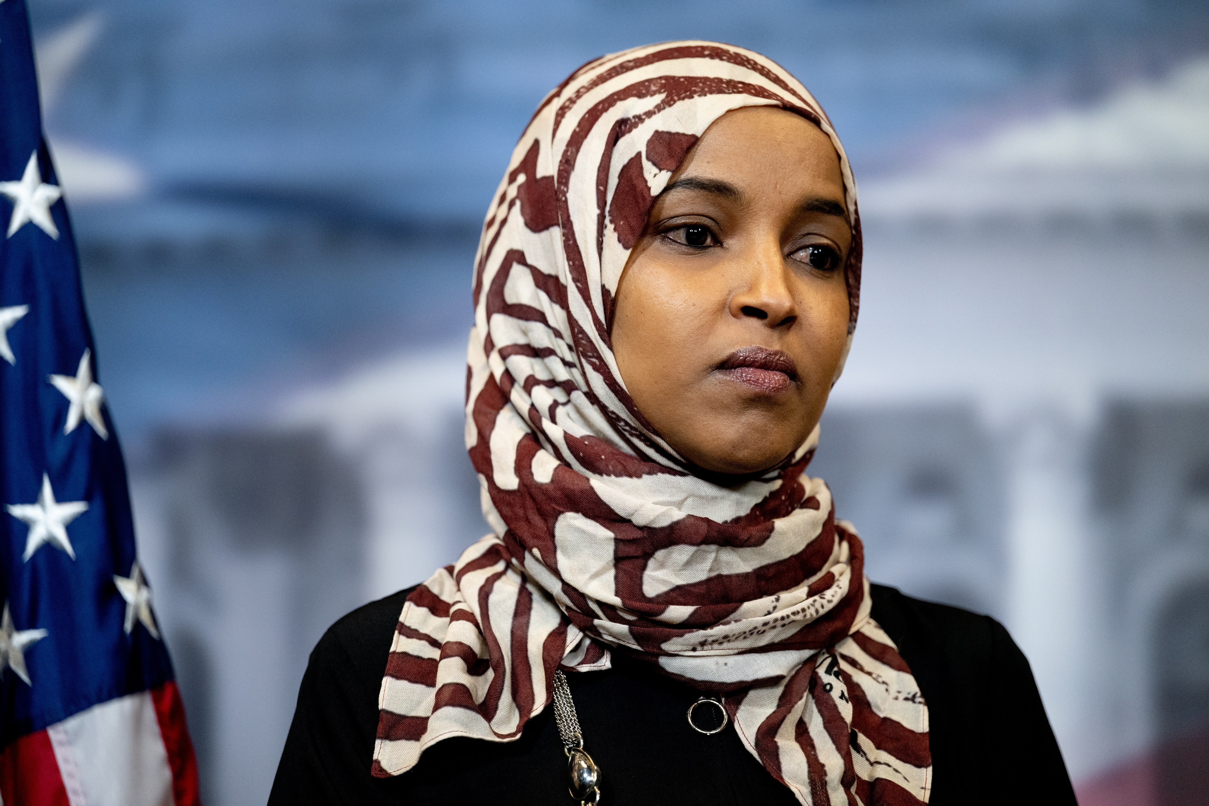 Representative Ilhan Omar, a Democrat from Minnesota, during a news conference ahead of the State of the Union address at the US Capitol in Washington, DC, US, on Tuesday, Feb. 24, 2026. President Donald Trump needs his State of the Union address Tuesday to assuage voters anxious about the economy, foreign policy and even more tariff turmoil. Photographer: Daniel Heuer/Bloomberg via Getty Images