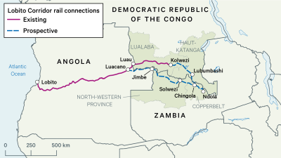 A map showing the Lobito Corridor railway in Central Africa