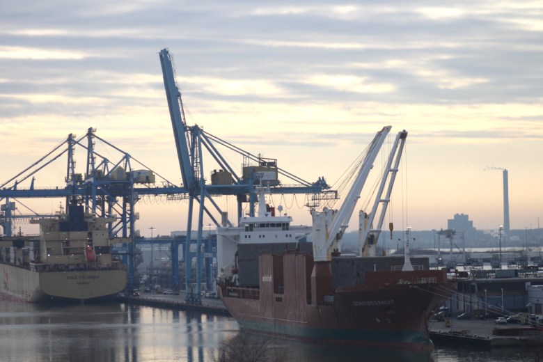 The Port of Wilmington in Wilmington, Delaware, is seen at daybreak with a cargo ship docked.