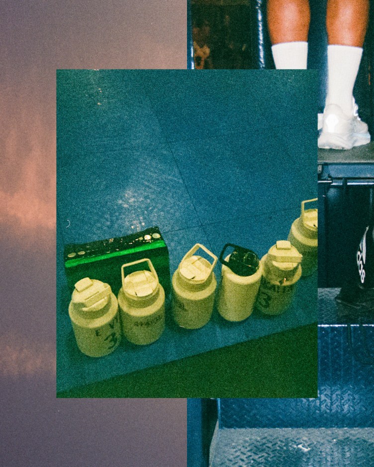 A photo collage features a center inset of water jugs lined up on a blue court floor, flanked by a wispy, light-purple textured sky on the left, and a close-up of a referee’s feet in white sneakers standing on an elevated platform on the right.