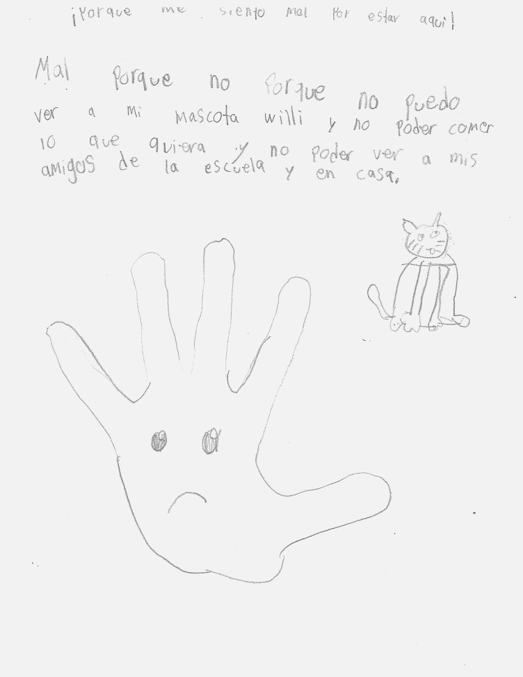 A handwritten letter with two drawings: an outline of a hand with a frowning face and a cat.
