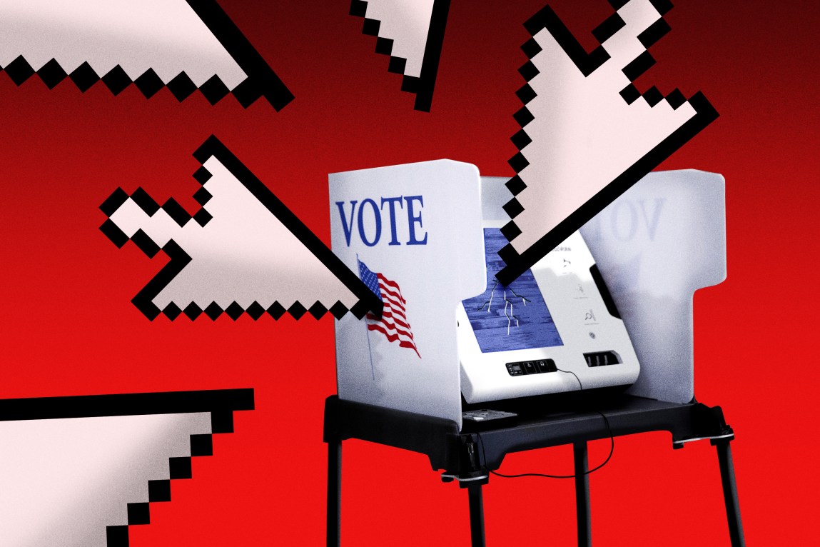 An illustration in which several computer cursors are closing in on a voting booth, against an ominous red background. One of the cursors has reached the screen of the voting machine, breaking it and causing it to crack.