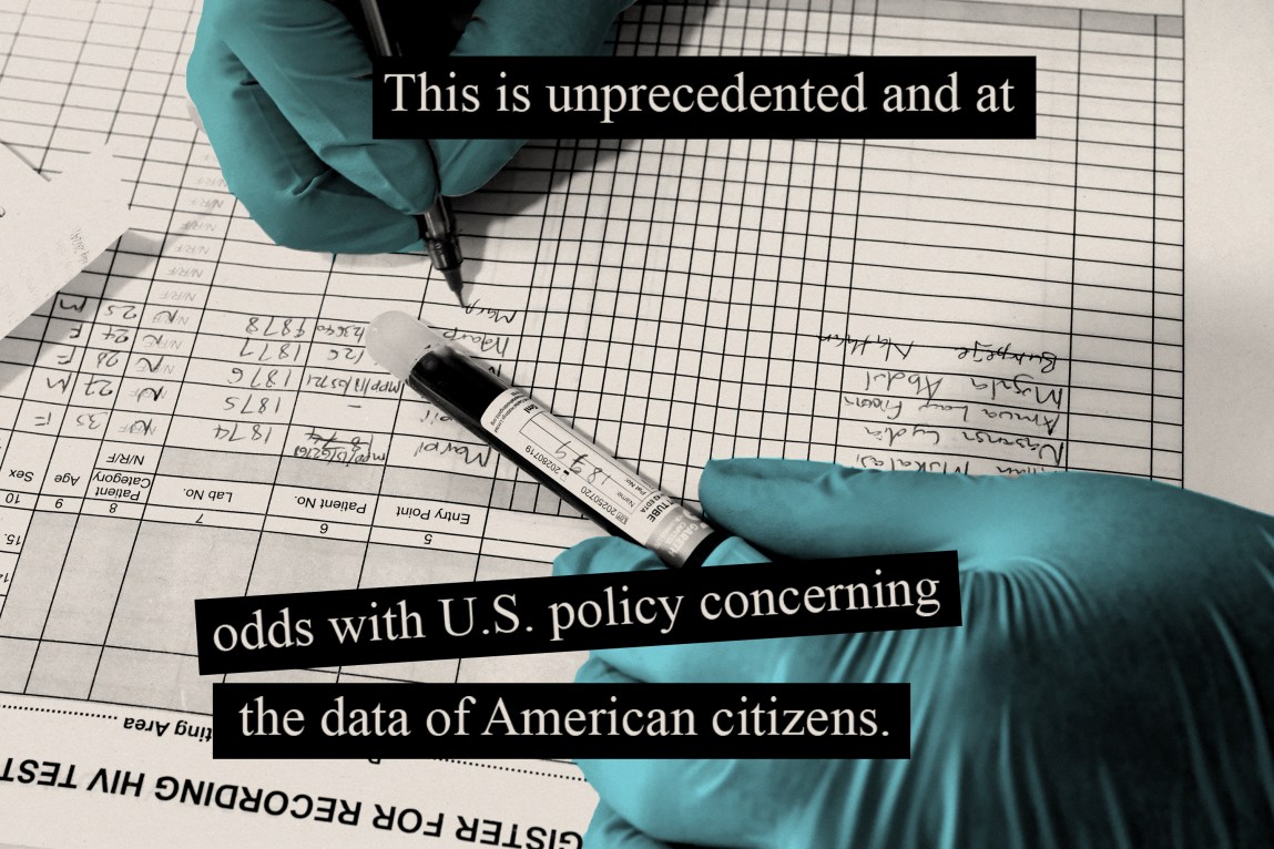 A close-up image of hands, with one holding a vial and the other writing on a form, is overlaid with snippets from a letter written by a group of senators.