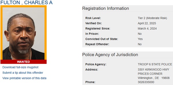 Screenshot of Charles Fulton's Sex Offender registry profile.