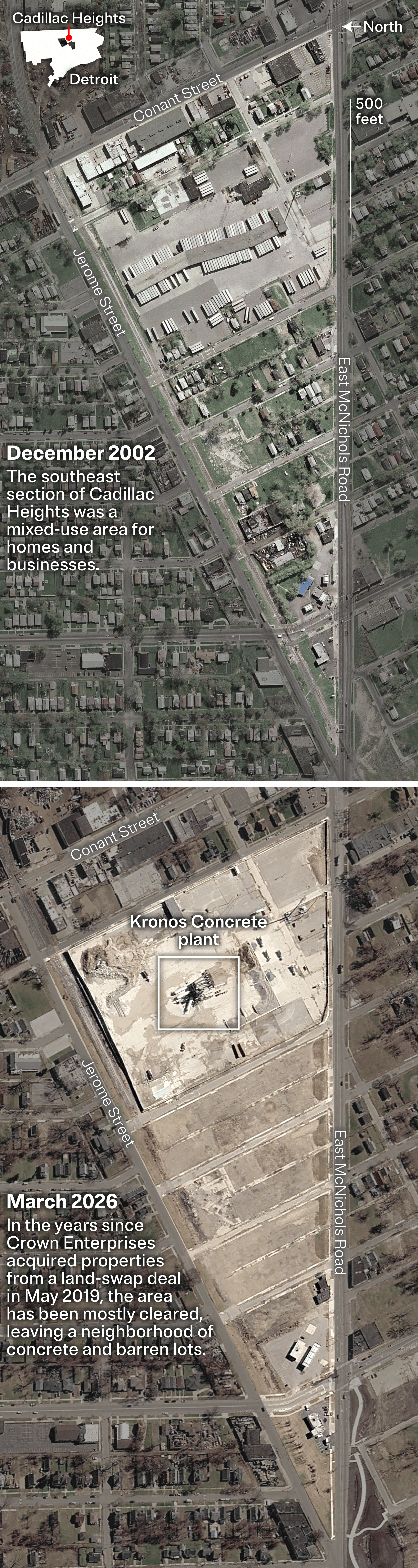 Two satellite images show the same bird’s-eye view of a section of Cadillac Heights, a neighborhood in northeast Detroit. The first image is labeled December 2002 and shows houses and businesses. The second image is labeled March 2026 and highlights the Kronos Concrete plant located in the center of one of many empty lots.