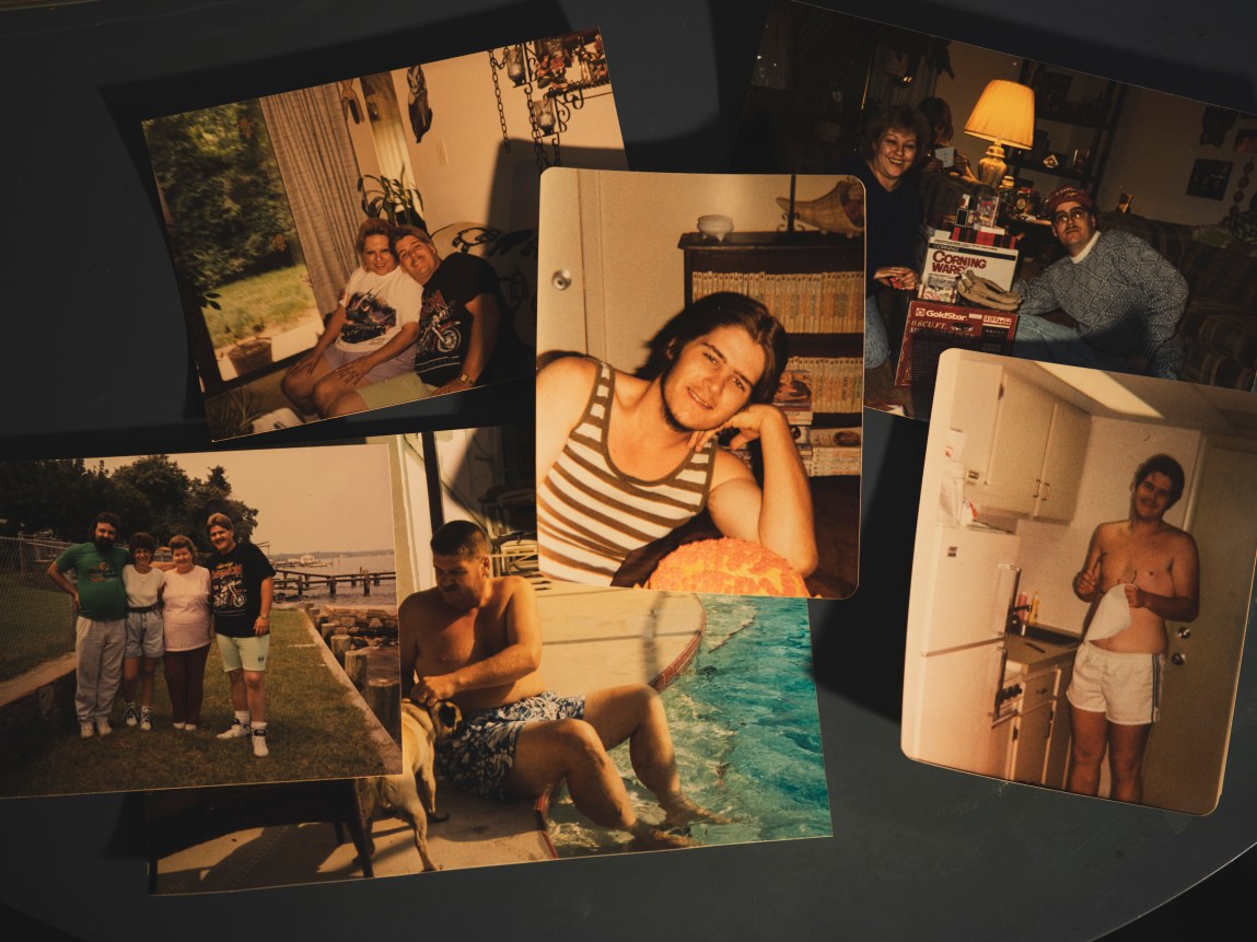 Six printed photographs laid across a table show a man at various points in his life. One shows him posing with a birthday cake, another shows him with a dog by a swimming pool, and others show him with friends and family members.