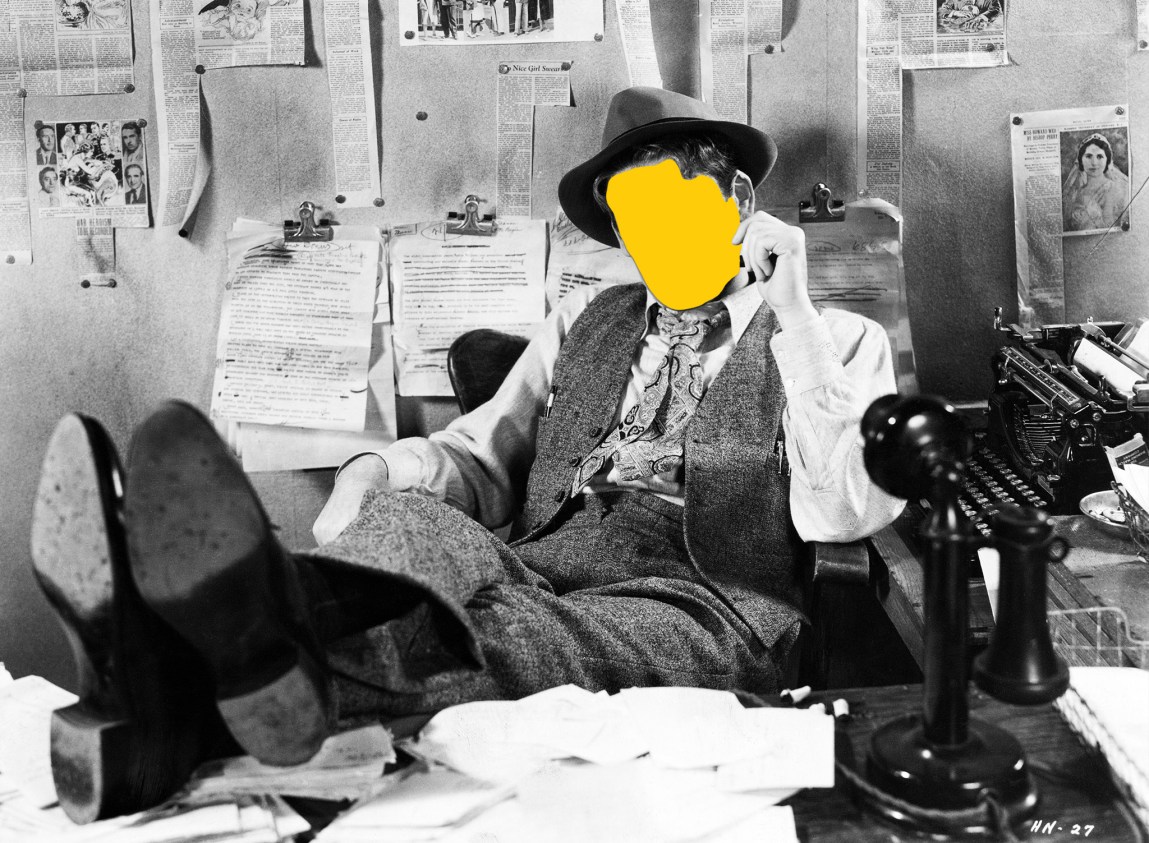 A black-and-white image of an old-school reporter sitting at a desk. He is surrounded by clippings, paper and a typewriter. There is a bright yellow shape obscuring his face.