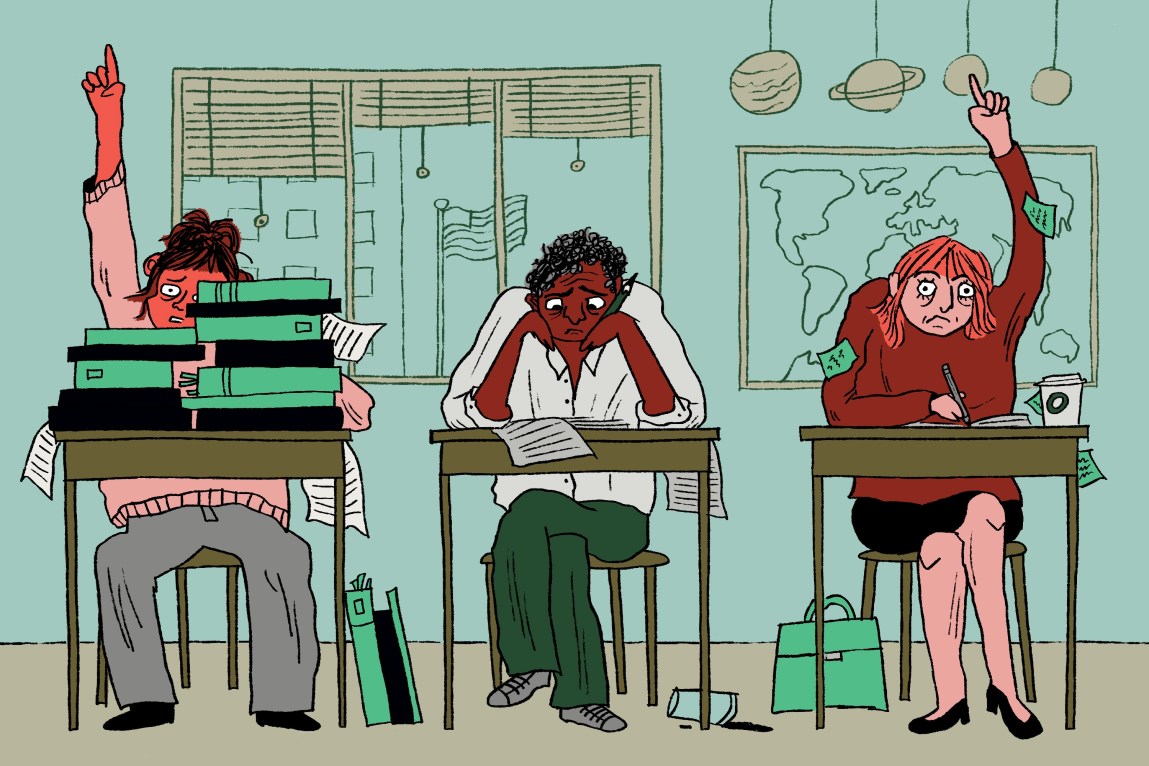 Three worried-looking adults sit in a classroom at children’s school desks filled with stacks of books, papers and Post-It notes.