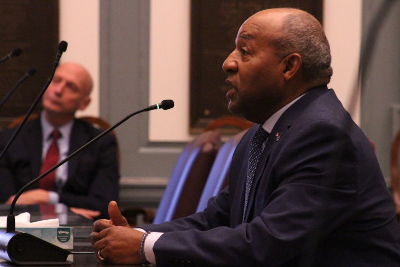 William Ashe Jr., the vice president of the ILA, testifies before the Senate Executive Committee on Thursday while former Secretary of State Jeff Bullock listens. |