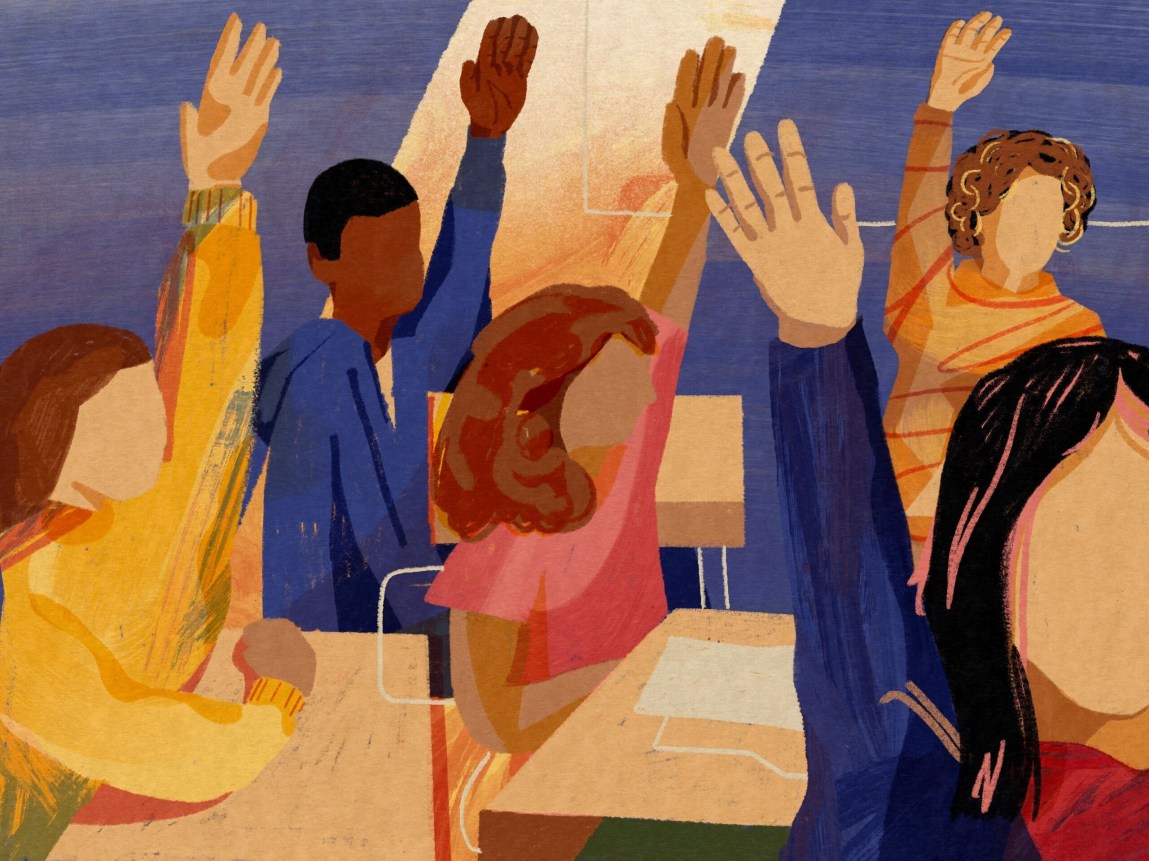 An illustration of five people sitting in a classroom, raising their hands.