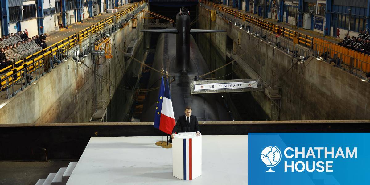 France's President Emmanuel Macron delivers a speech next to nuclear-powered ballistic missile submarine (SSBN) submarine Le Temeraire on 2 March 2026.