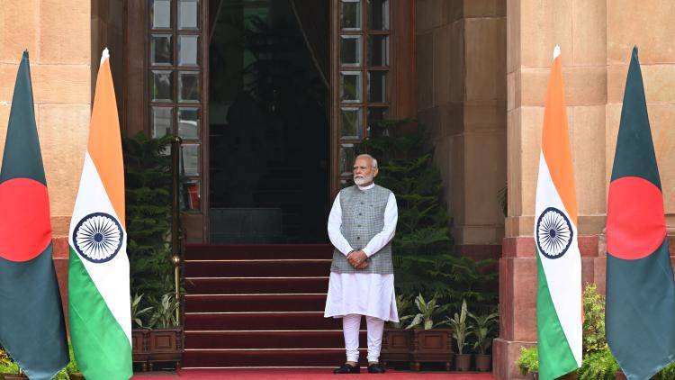 Prime Minister Narendra Modi, waits to welcome his Bangladeshi counterpart Sheikh Hasina at the Hyderabad House on 22 June 2024 in New Delhi, India.
