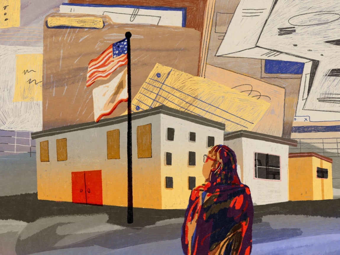 An illustration of a person approaching a school building. The sky in the background is made up of a chaotic assortment of documents and folders.