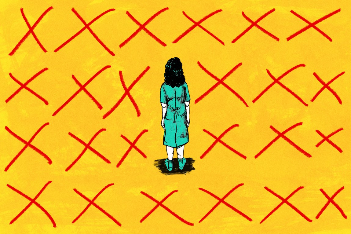 A patient wearing a gown and socks stands alone surrounded by red Xs.