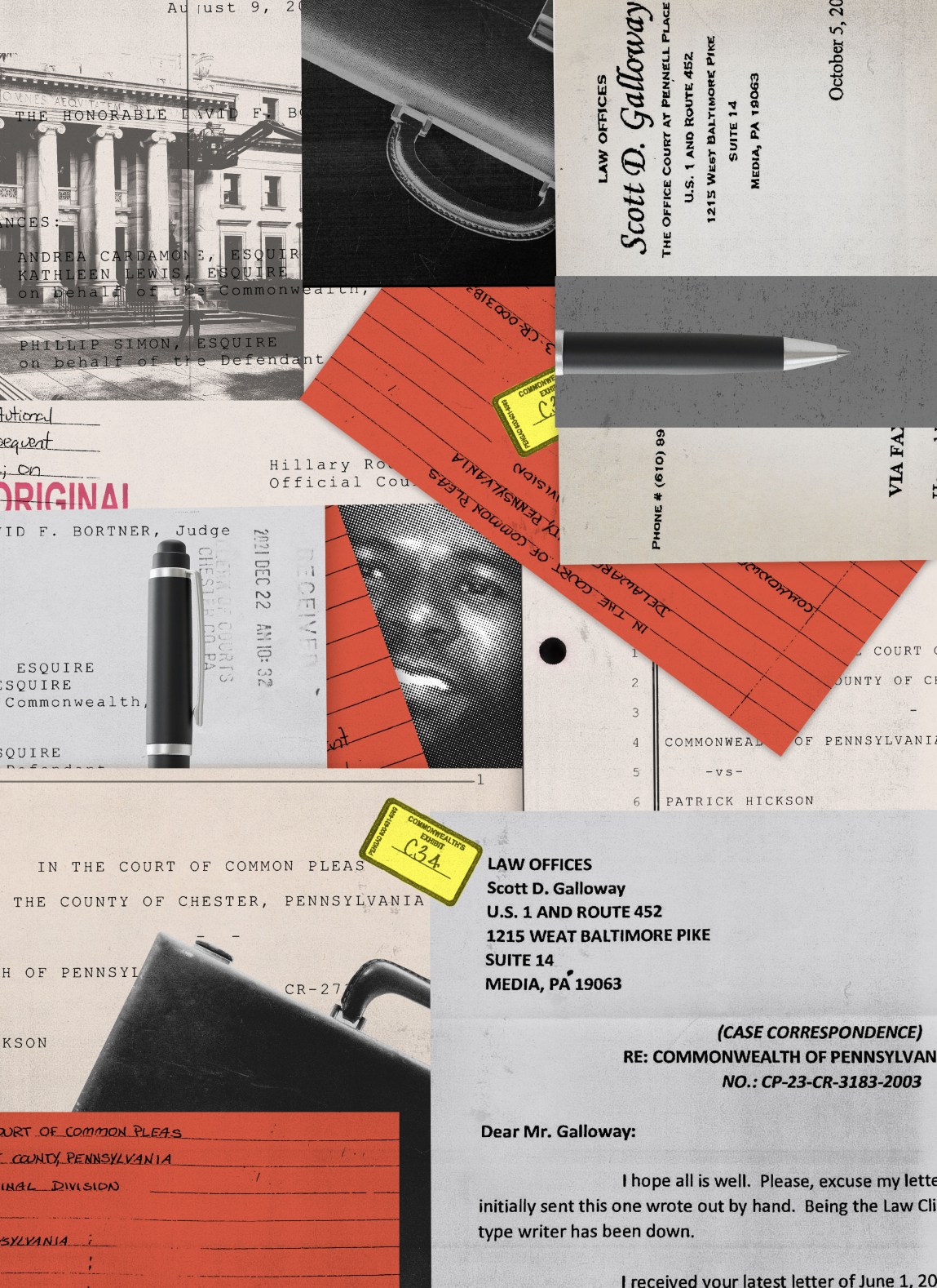 A collage of multiple overlapping legal documents partially obscuring a man’s face.