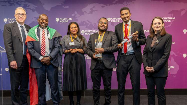 From L-R: Simon Fraser, Alsanosi, Alaa, Kahlid and Bronwen Maddox at the Chatham House Prize 2025 event
