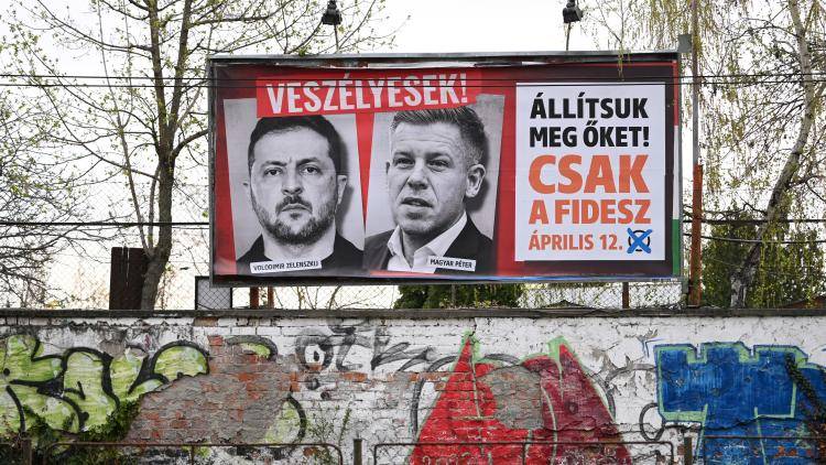 A pro-Orbán election billboard featuring Ukraine's President Volodymyr Zelensky and Peter Magyar. The text reads: 'They are dangerous',(top) and 'Let's stop them, just Fidesz (governor party)'(R). 