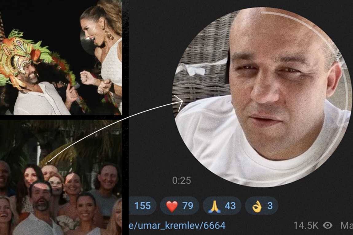 A grid of images that shows: a group photo including Donald Trump Jr., his wife, Bettina Trump, and Russian oligarch Umar Kremlev; Trump Jr. wearing a multicolored Junkanoo headpiece while dancing with his wife; and a screenshot of a Telegram post by Kremlev showing him talking into a camera in front of a wicker chair with a white bow.