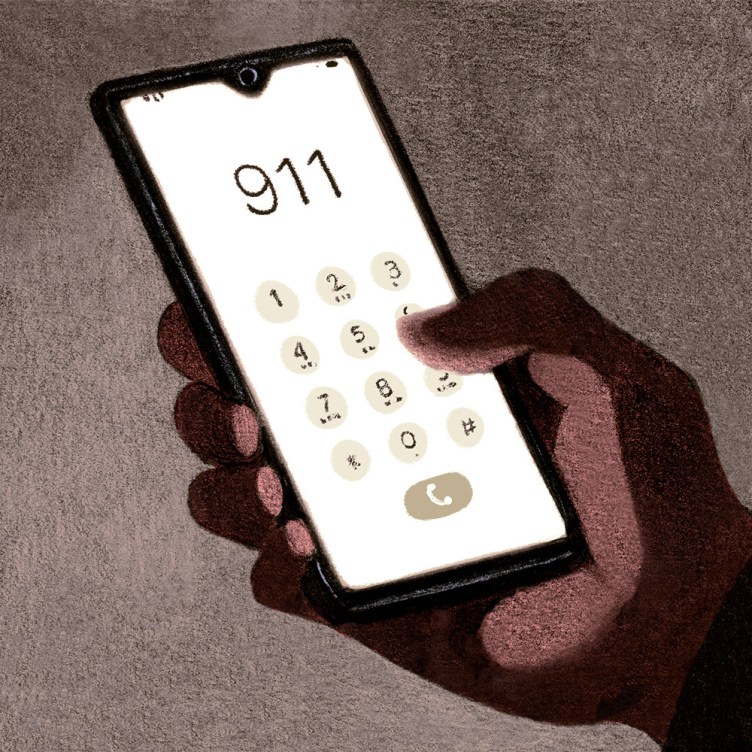 An illustration shows a close-up of a person holding a smartphone and dialing 911 on the keypad.
