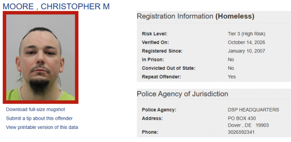 Screenshot of Christopher Moore Sex Offender Status - Homeless