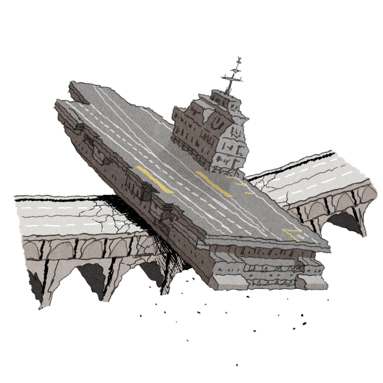 A crumbling bridge buckles under the weight of an aircraft carrier.
