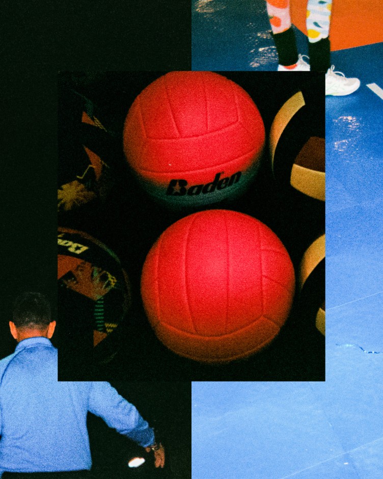 Photo collage of rows of volleyballs flanked by a view of a person in a blue jacket seen from behind in dim lighting on the left, and a close-up of a player’s feet in white athletic shoes standing on a blue court surface on the right.