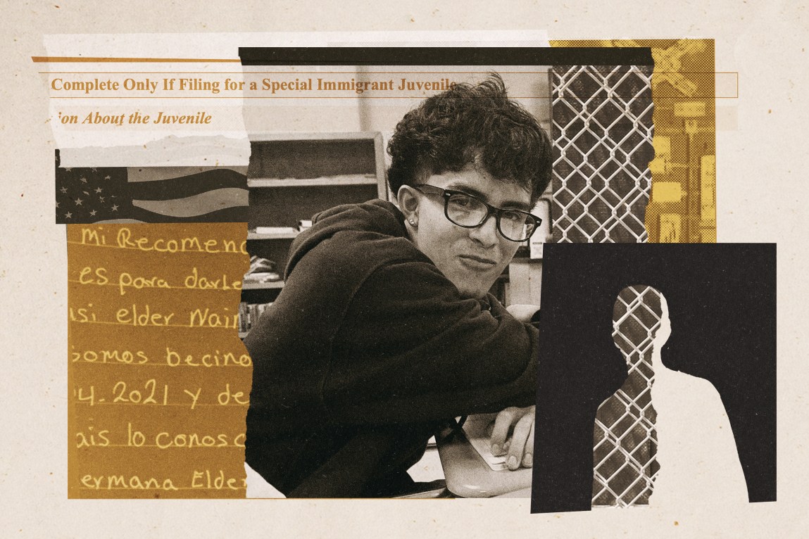 A photo collage features a young person with glasses looking over their shoulder in a classroom. It is layered with a “Special Immigrant Juvenile” form, a handwritten note in Spanish mentioning “Elder” and a dark silhouette cutout revealing a chain-link fence.