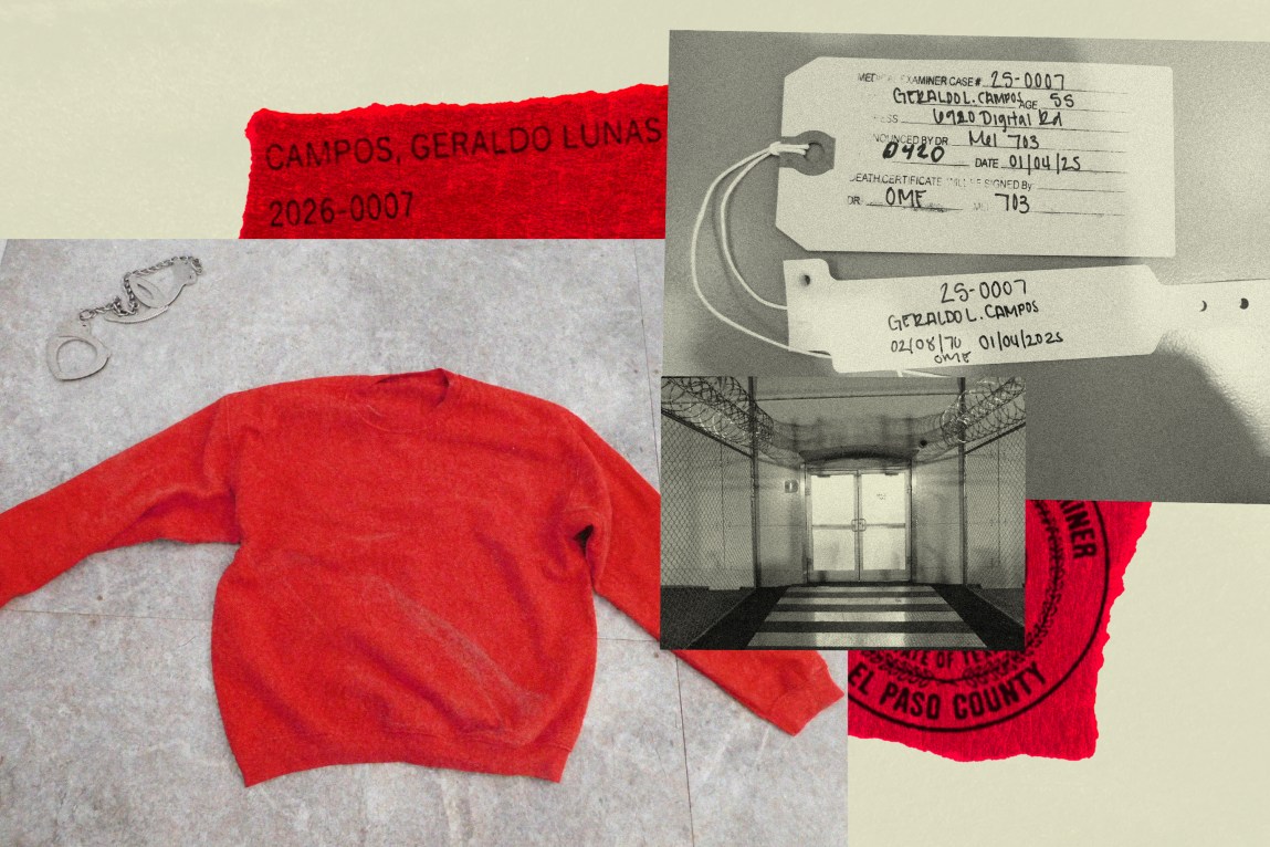 An investigative collage featuring a bright red sweatshirt, a set of handcuffs and medical examiner tags for Geraldo Lunas Campos. Red paper scraps with the seal of El Paso County, Texas, border a black-and-white photo of double doors secured behind layers of razor wire.