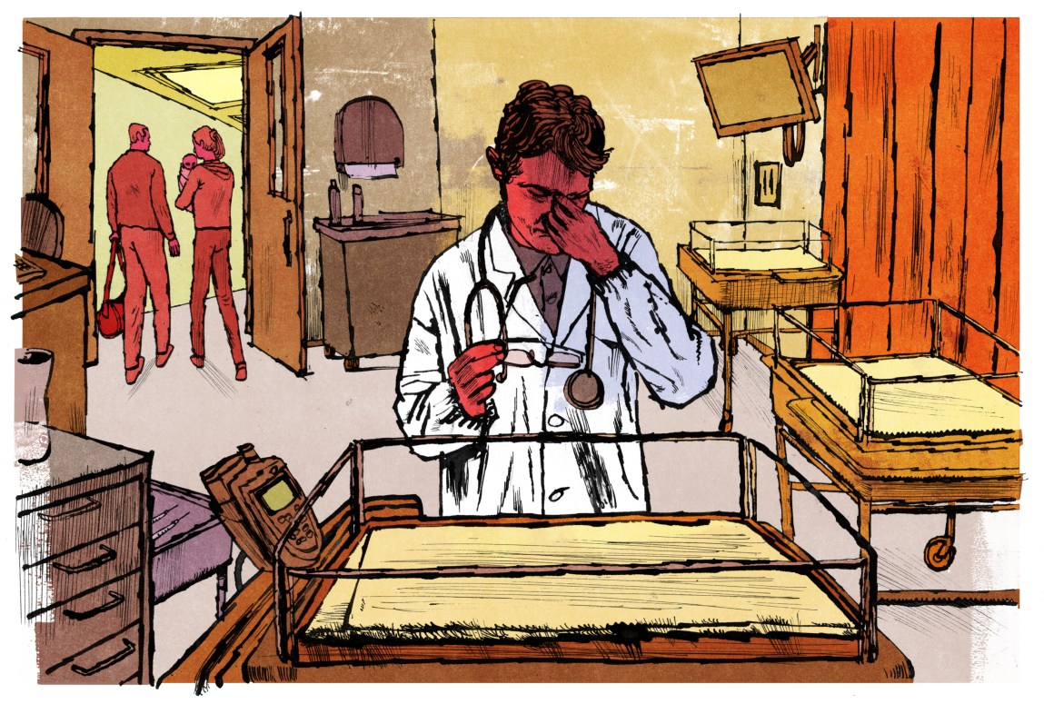 A painted, colorful illustration shows a doctor wearing a white lab coat with his hand to his face, standing over an empty infant bed in a hospital nursery. A man and woman holding an infant walk out of the room in the background.
