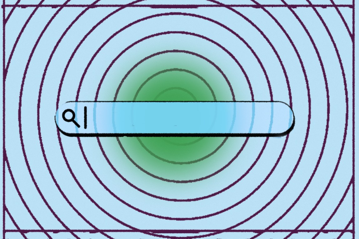 A website search bar is surrounded by a large spiral on a light blue background.
