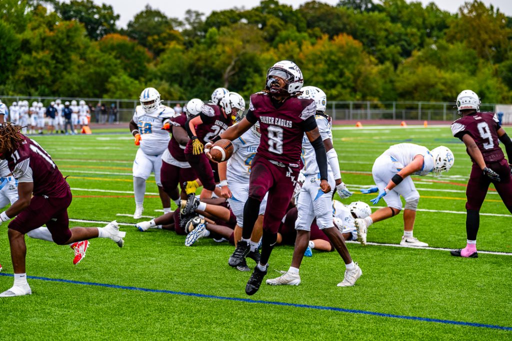 Silver Eagle quarterback, Kevin Browning, celebrates after running in the endzone for a touchdown. The run gave Hodgson a, 22-14, lead in the second quarter.