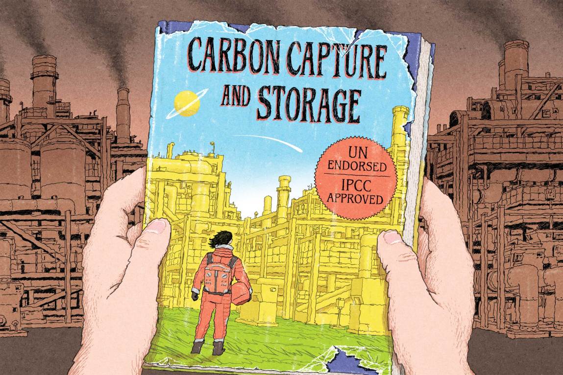 A pair of hands holds up a worn book titled “Carbon Capture and Storage.” On it, a red badge marked “UN Endorsed, IPCC Approved” is set against a sepia-toned backdrop of a smoggy industrial plant.