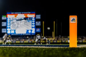 A picture of the pylon at Delaware Stadium during the Blue Hens first game of the 2026 season against Merrimack. Photo Credit: Dave Reeder.