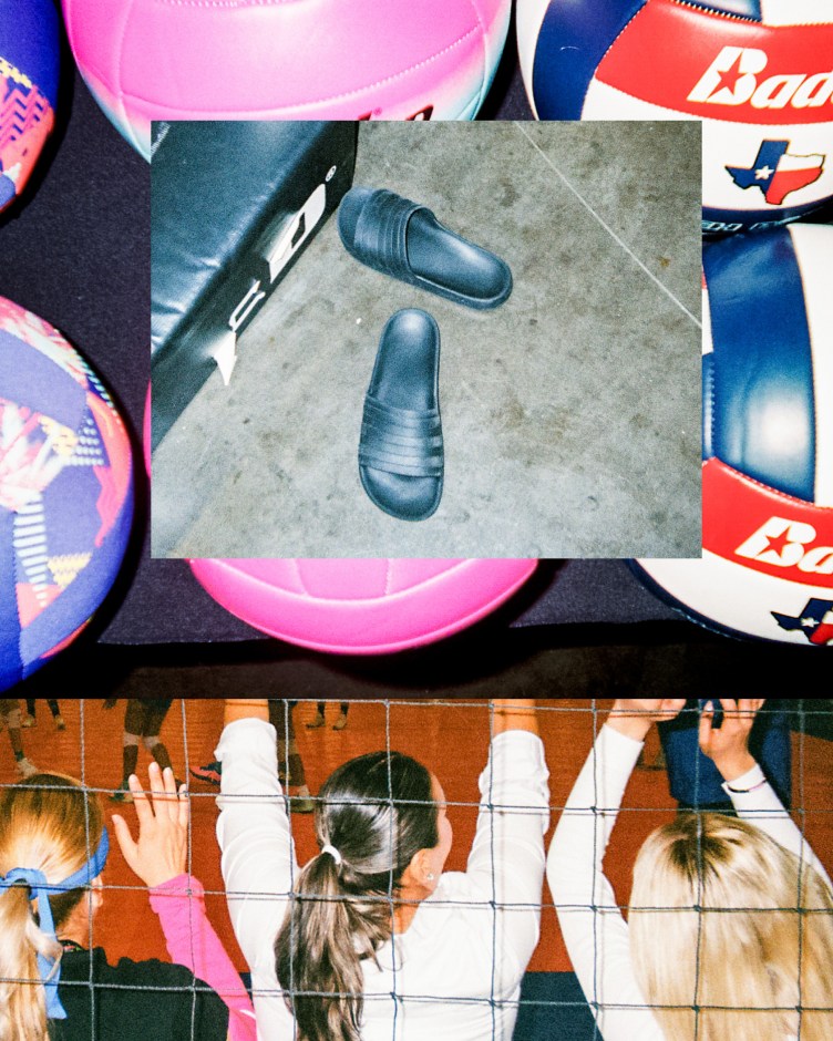 A collage including a photo of a set of volleyballs and an image of girls facing away from the camera cheering against a volleyball net, overlaid with a pair of black sandals on a gym floor.