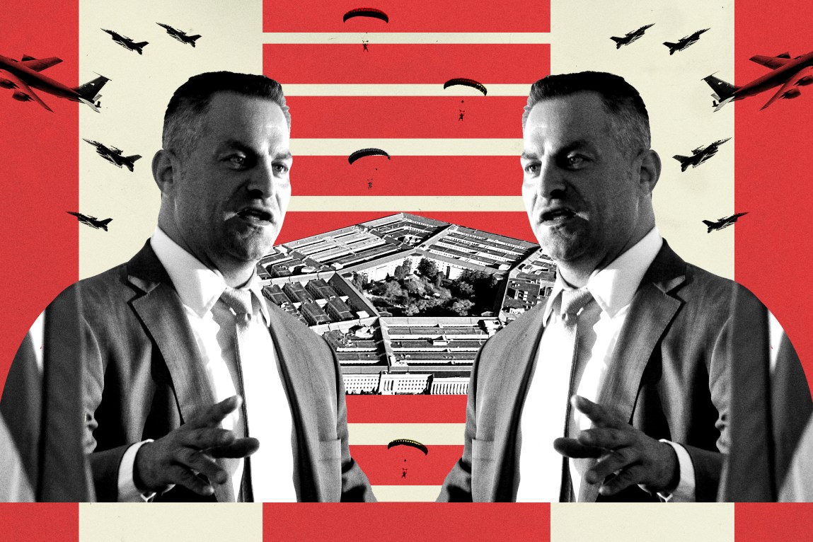 An illustration in which the Pentagon is framed by two identical photographs of a man in a suit. One of the photographs has been flipped, so that the man appears to be facing himself. In the background there are images of parachuters in the sky and jets and planes flying.