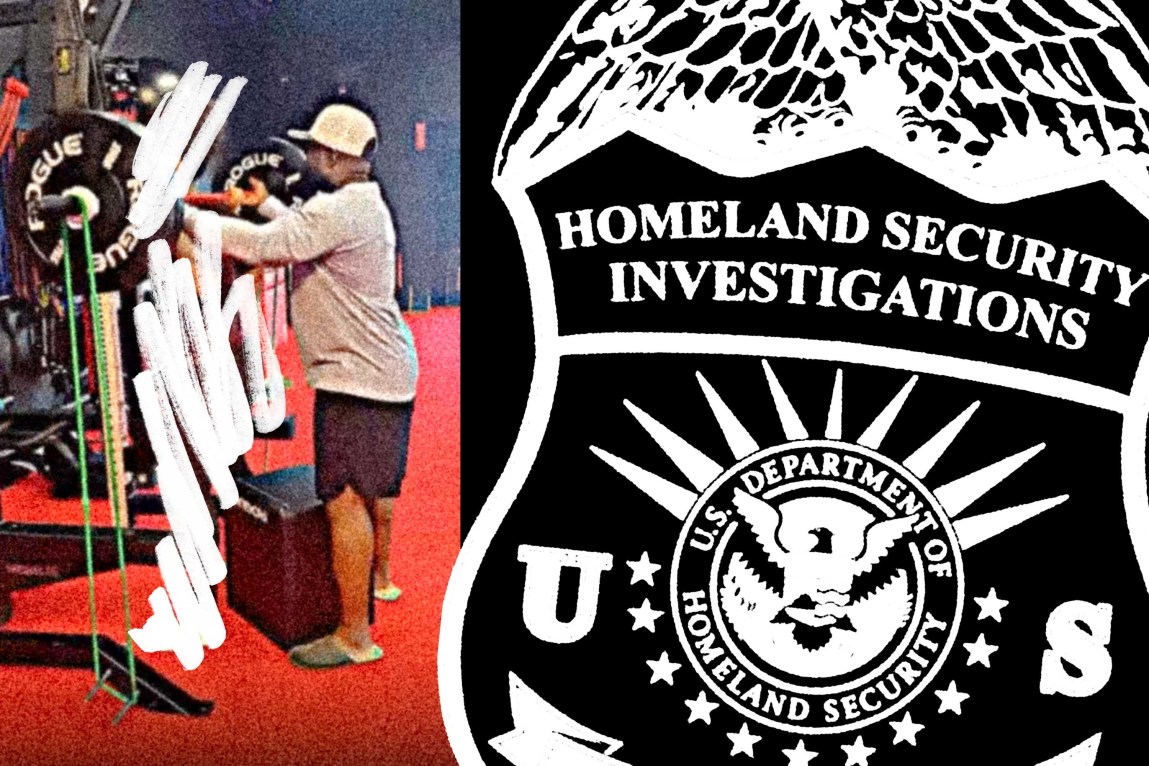 A collage featuring a photo of a man wearing a baseball cap spotting a weighted bench-press bar for a teen girl, who has been covered with an opaque white marker scribble, next to a large black-and-white graphic of a Homeland Security Investigations badge on the right.
