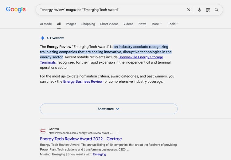 A Google search of “‘energy review’ magazine ‘Emerging Tech Award’” reveals a long AI Overview response.