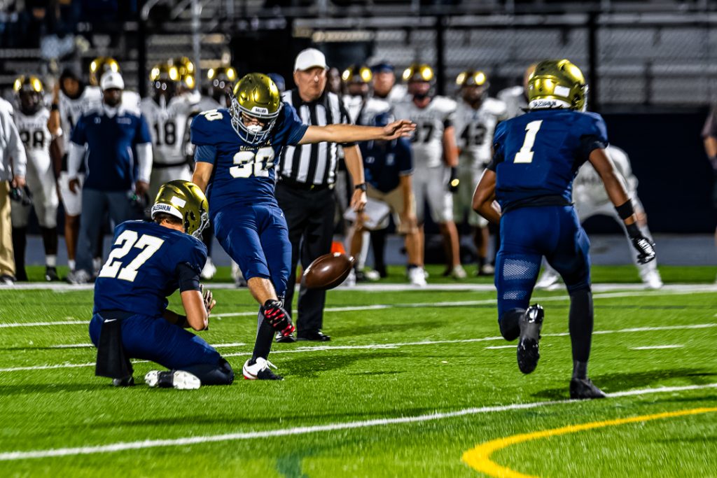 Salesianum junior Giuliano Villa knocks in a 28-yard field goal before halftime, cutting the La Salle lead to four.