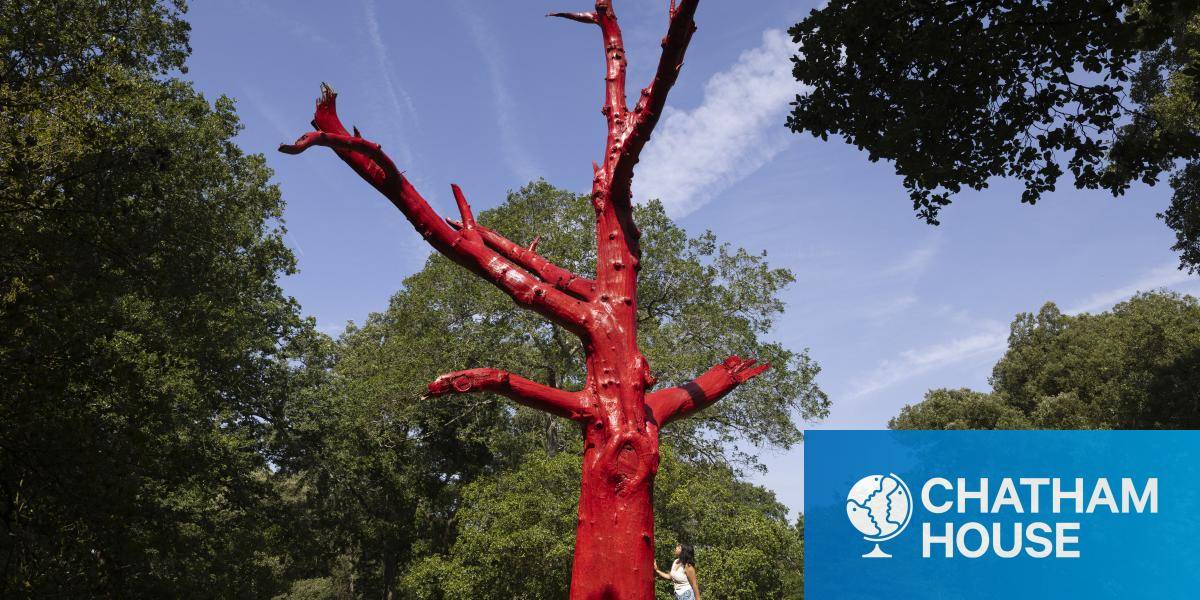 The red-painted ‘Climate Changed Oak Tree’ in Kew Gardens, London