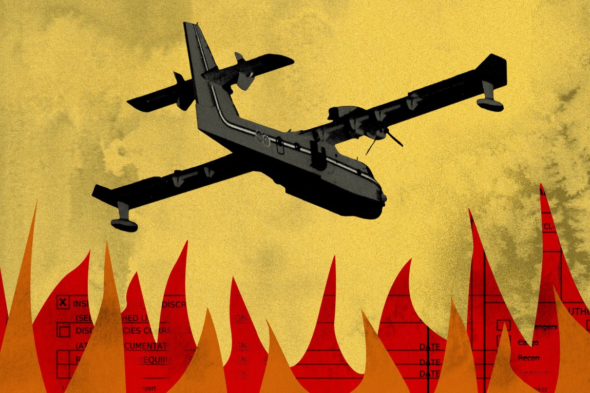 An illustration depicting a firefighting aircraft flying against a textured yellow sky. Below the aircraft, stylized red and orange flames lick upward, with a technical inspection checklist form showing faintly inside the background of the fire.